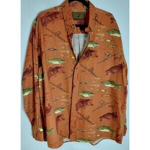 North River Fishing Print Button-Up Shirt Orange Graphic Print Woven Men Size XL